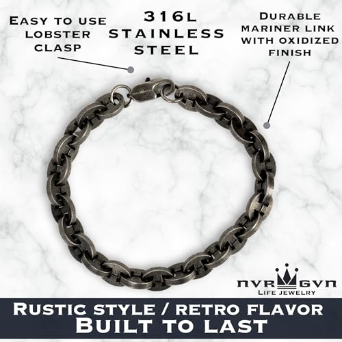 NVR GVN Men’s Stainless Steel Bracelet – Gladiator Series Unbroken Collection, Gothic Biker Cuff Jewelry, Medieval Shackle Link Wristbands for Men in 6mm Rapier, 8mm Warborn, 10mm Warhammer